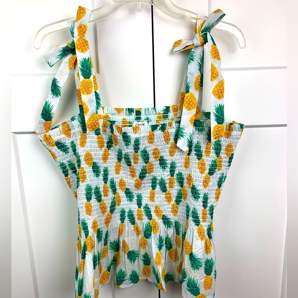 NWT J Crew Factory XL Smocked Tie Shoulder Pineapple Tropical Beach White Blouse